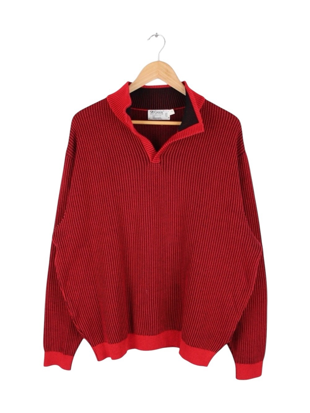 Vintage St. Croix Red Black‎ Knit Sweater XL Made in USA Collared Retro